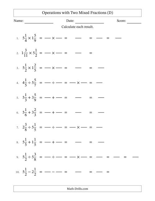 The Operations with Two Mixed Fractions with Equal Denominators, Mixed Fractions Results and Some Simplifying (Fillable) (D) Math Worksheet