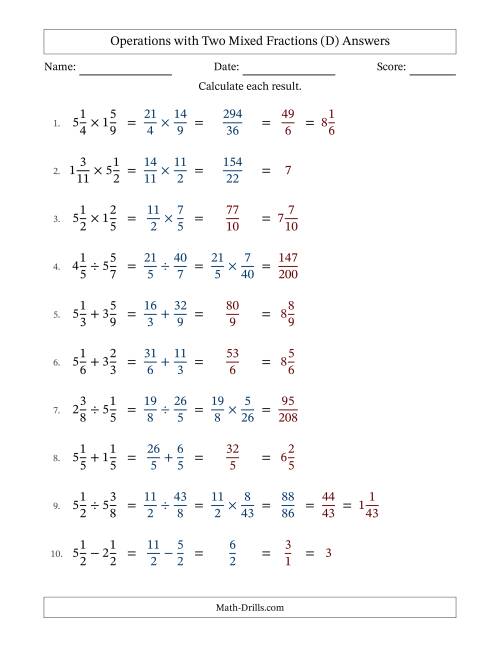 The Operations with Two Mixed Fractions with Equal Denominators, Mixed Fractions Results and Some Simplifying (Fillable) (D) Math Worksheet Page 2