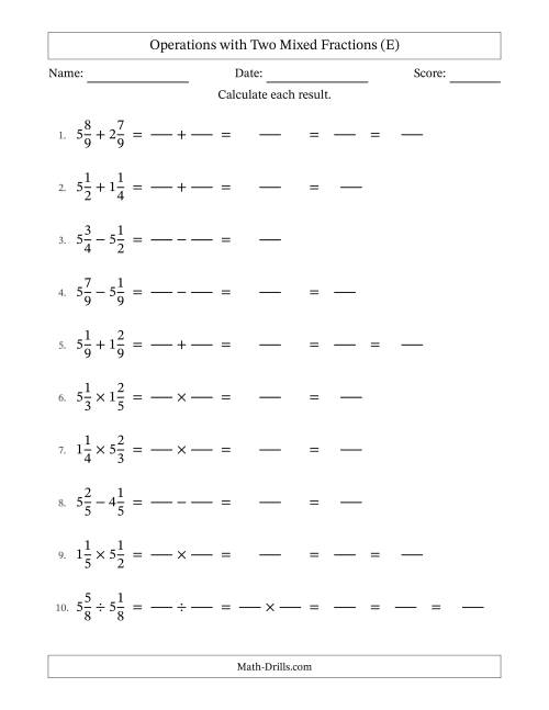 The Operations with Two Mixed Fractions with Equal Denominators, Mixed Fractions Results and Some Simplifying (Fillable) (E) Math Worksheet