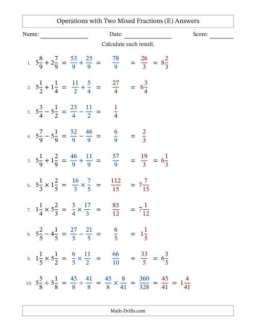 The Operations with Two Mixed Fractions with Equal Denominators, Mixed Fractions Results and Some Simplifying (Fillable) (E) Math Worksheet Page 2