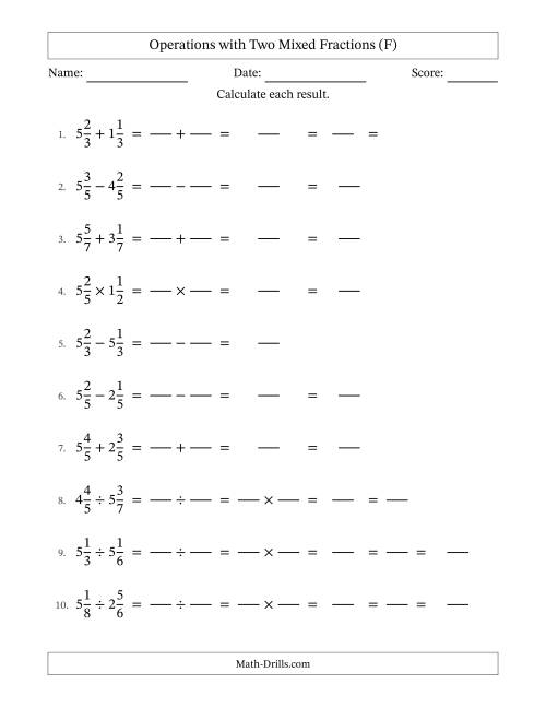 The Operations with Two Mixed Fractions with Equal Denominators, Mixed Fractions Results and Some Simplifying (Fillable) (F) Math Worksheet