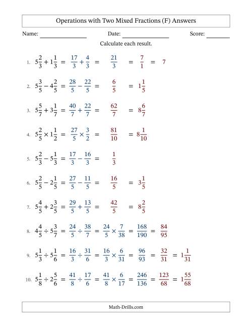 The Operations with Two Mixed Fractions with Equal Denominators, Mixed Fractions Results and Some Simplifying (Fillable) (F) Math Worksheet Page 2