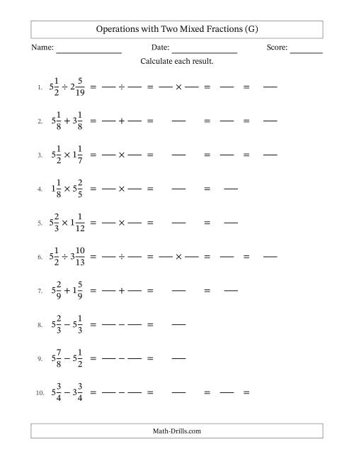 The Operations with Two Mixed Fractions with Equal Denominators, Mixed Fractions Results and Some Simplifying (Fillable) (G) Math Worksheet