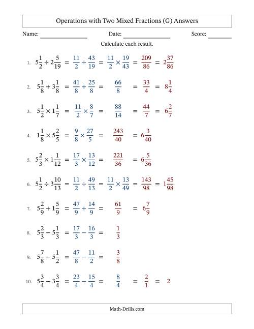 The Operations with Two Mixed Fractions with Equal Denominators, Mixed Fractions Results and Some Simplifying (Fillable) (G) Math Worksheet Page 2
