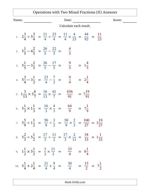 The Operations with Two Mixed Fractions with Equal Denominators, Mixed Fractions Results and Some Simplifying (Fillable) (H) Math Worksheet Page 2