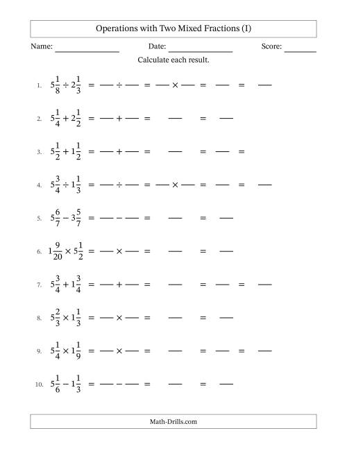 The Operations with Two Mixed Fractions with Equal Denominators, Mixed Fractions Results and Some Simplifying (Fillable) (I) Math Worksheet
