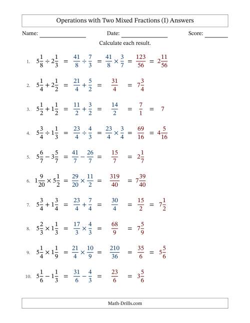 The Operations with Two Mixed Fractions with Equal Denominators, Mixed Fractions Results and Some Simplifying (Fillable) (I) Math Worksheet Page 2