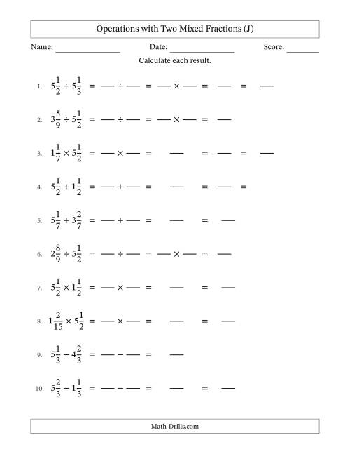 The Operations with Two Mixed Fractions with Equal Denominators, Mixed Fractions Results and Some Simplifying (Fillable) (J) Math Worksheet