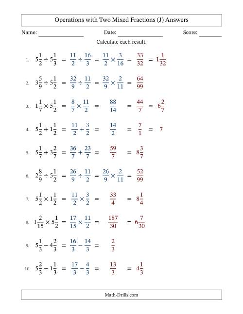 The Operations with Two Mixed Fractions with Equal Denominators, Mixed Fractions Results and Some Simplifying (Fillable) (J) Math Worksheet Page 2