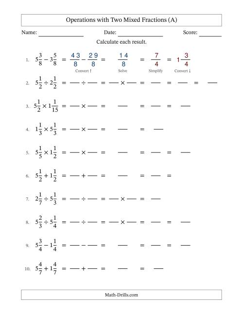 The Operations with Two Mixed Fractions with Equal Denominators, Mixed Fractions Results and Some Simplifying (Fillable) (All) Math Worksheet