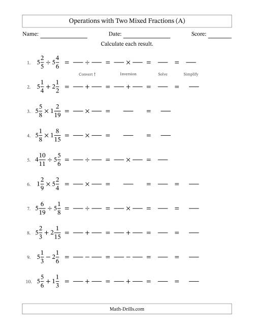 The Operations with Two Mixed Fractions with Similar Denominators, Mixed Fractions Results and No Simplifying (Fillable) (A) Math Worksheet