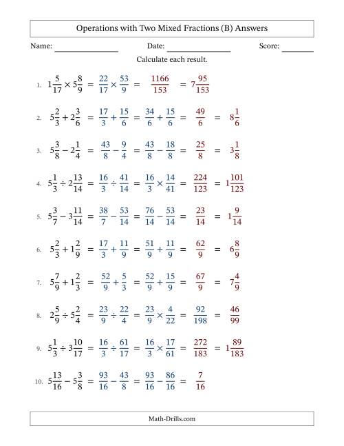 The Operations with Two Mixed Fractions with Similar Denominators, Mixed Fractions Results and No Simplifying (Fillable) (B) Math Worksheet Page 2