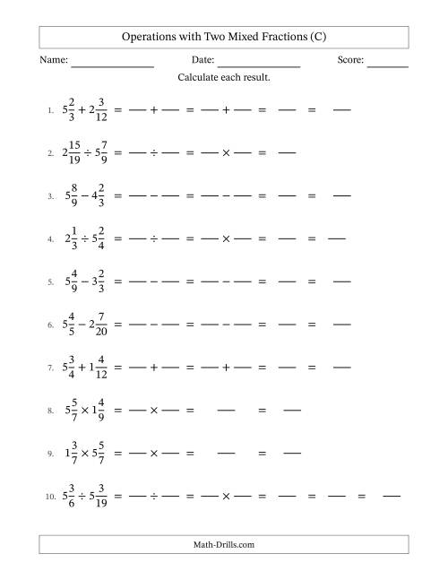 The Operations with Two Mixed Fractions with Similar Denominators, Mixed Fractions Results and No Simplifying (Fillable) (C) Math Worksheet