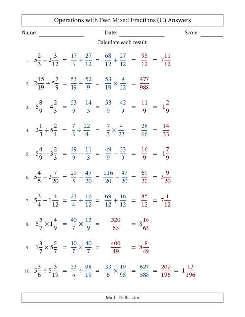 The Operations with Two Mixed Fractions with Similar Denominators, Mixed Fractions Results and No Simplifying (Fillable) (C) Math Worksheet Page 2