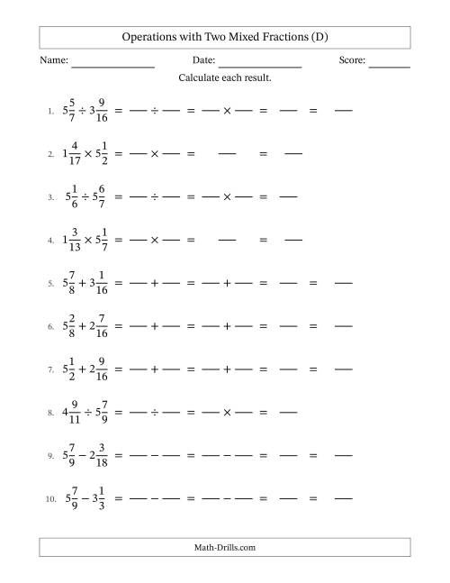 The Operations with Two Mixed Fractions with Similar Denominators, Mixed Fractions Results and No Simplifying (Fillable) (D) Math Worksheet