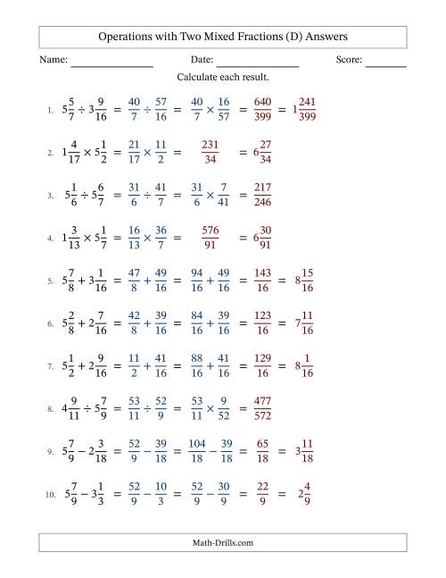 The Operations with Two Mixed Fractions with Similar Denominators, Mixed Fractions Results and No Simplifying (Fillable) (D) Math Worksheet Page 2