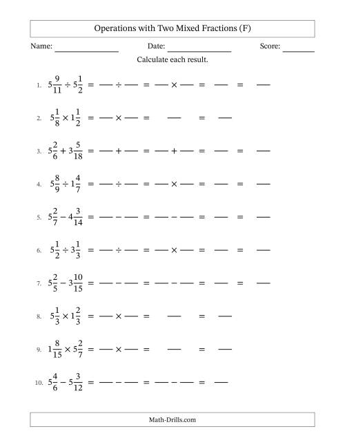 The Operations with Two Mixed Fractions with Similar Denominators, Mixed Fractions Results and No Simplifying (Fillable) (F) Math Worksheet