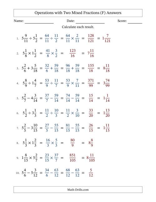 The Operations with Two Mixed Fractions with Similar Denominators, Mixed Fractions Results and No Simplifying (Fillable) (F) Math Worksheet Page 2
