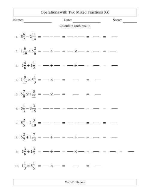 The Operations with Two Mixed Fractions with Similar Denominators, Mixed Fractions Results and No Simplifying (Fillable) (G) Math Worksheet