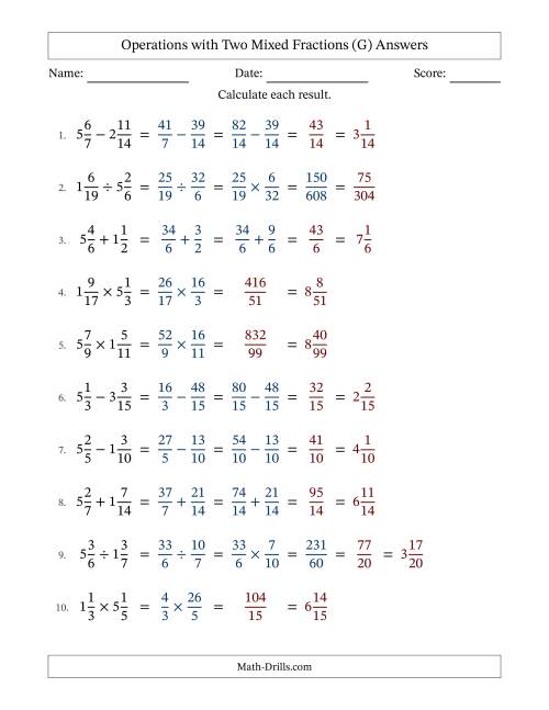 The Operations with Two Mixed Fractions with Similar Denominators, Mixed Fractions Results and No Simplifying (Fillable) (G) Math Worksheet Page 2