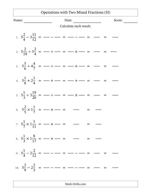 The Operations with Two Mixed Fractions with Similar Denominators, Mixed Fractions Results and No Simplifying (Fillable) (H) Math Worksheet