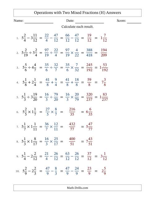 The Operations with Two Mixed Fractions with Similar Denominators, Mixed Fractions Results and No Simplifying (Fillable) (H) Math Worksheet Page 2