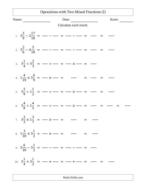The Operations with Two Mixed Fractions with Similar Denominators, Mixed Fractions Results and No Simplifying (Fillable) (I) Math Worksheet