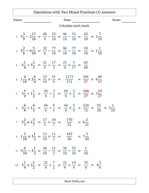The Operations with Two Mixed Fractions with Similar Denominators, Mixed Fractions Results and No Simplifying (Fillable) (I) Math Worksheet Page 2