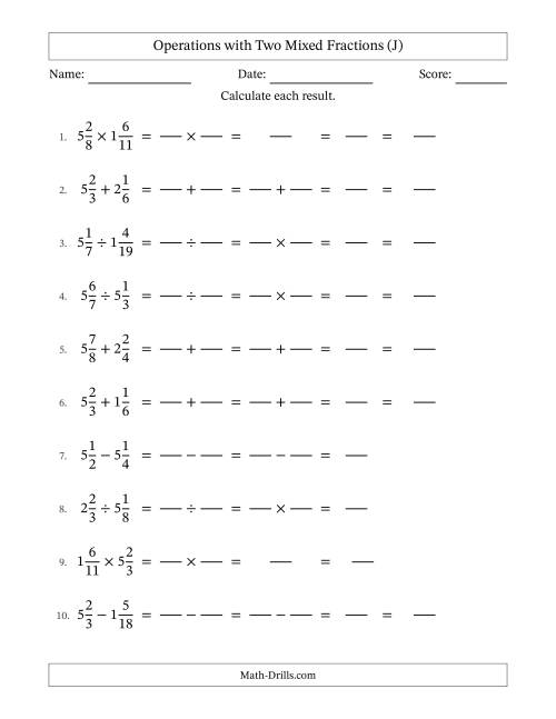 The Operations with Two Mixed Fractions with Similar Denominators, Mixed Fractions Results and No Simplifying (Fillable) (J) Math Worksheet