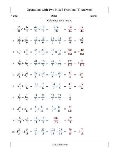 The Operations with Two Mixed Fractions with Similar Denominators, Mixed Fractions Results and No Simplifying (Fillable) (J) Math Worksheet Page 2