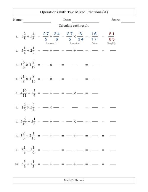 The Operations with Two Mixed Fractions with Similar Denominators, Mixed Fractions Results and No Simplifying (Fillable) (All) Math Worksheet
