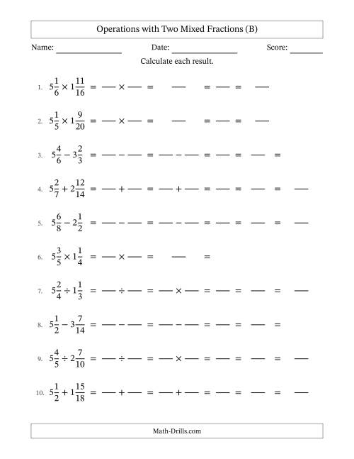The Operations with Two Mixed Fractions with Similar Denominators, Mixed Fractions Results and All Simplifying (Fillable) (B) Math Worksheet