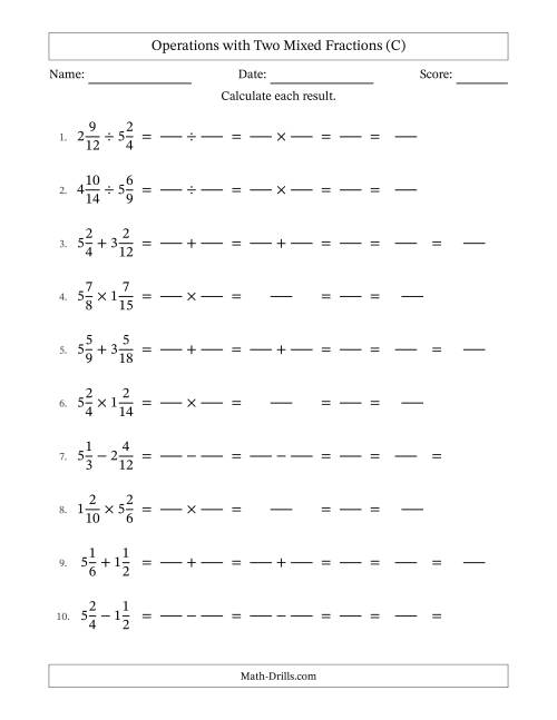 The Operations with Two Mixed Fractions with Similar Denominators, Mixed Fractions Results and All Simplifying (Fillable) (C) Math Worksheet