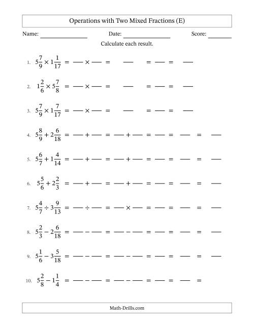 The Operations with Two Mixed Fractions with Similar Denominators, Mixed Fractions Results and All Simplifying (Fillable) (E) Math Worksheet