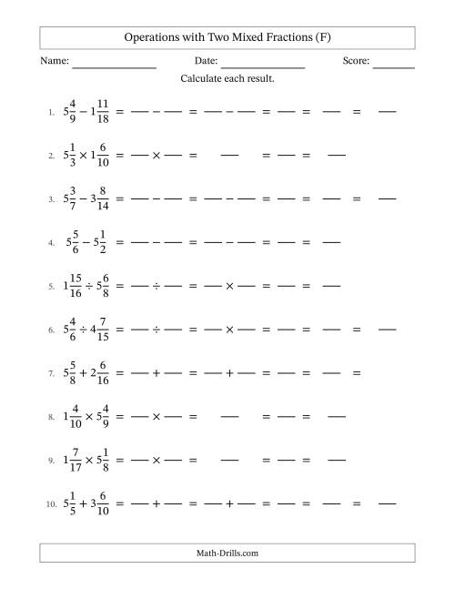 The Operations with Two Mixed Fractions with Similar Denominators, Mixed Fractions Results and All Simplifying (Fillable) (F) Math Worksheet