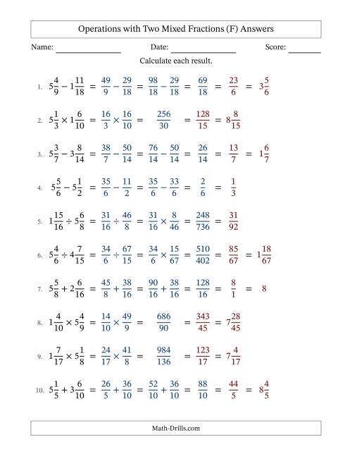 The Operations with Two Mixed Fractions with Similar Denominators, Mixed Fractions Results and All Simplifying (Fillable) (F) Math Worksheet Page 2