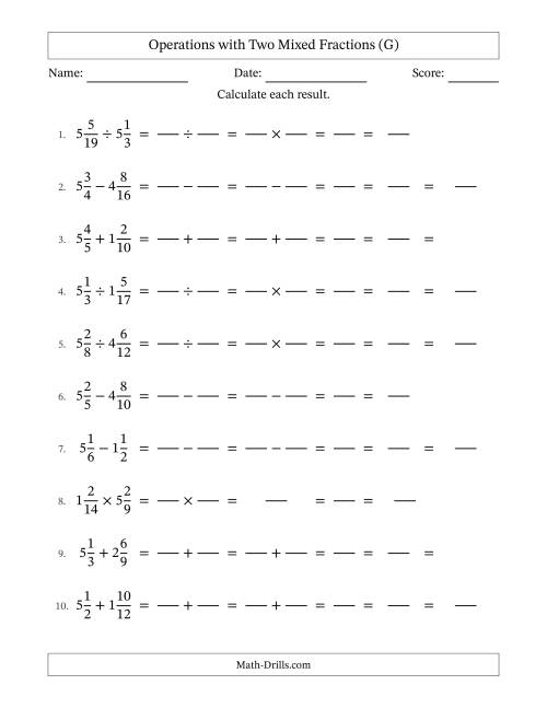 The Operations with Two Mixed Fractions with Similar Denominators, Mixed Fractions Results and All Simplifying (Fillable) (G) Math Worksheet