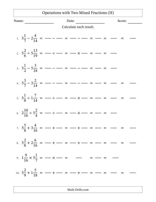 The Operations with Two Mixed Fractions with Similar Denominators, Mixed Fractions Results and All Simplifying (Fillable) (H) Math Worksheet
