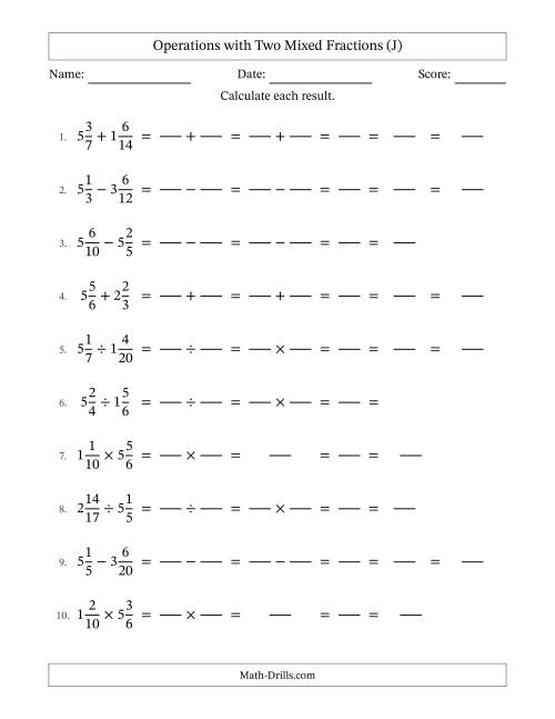 The Operations with Two Mixed Fractions with Similar Denominators, Mixed Fractions Results and All Simplifying (Fillable) (J) Math Worksheet