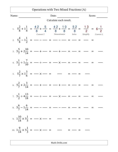 The Operations with Two Mixed Fractions with Similar Denominators, Mixed Fractions Results and All Simplifying (Fillable) (All) Math Worksheet