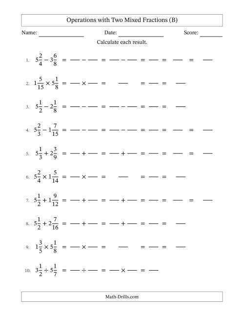 The Operations with Two Mixed Fractions with Similar Denominators, Mixed Fractions Results and Some Simplifying (Fillable) (B) Math Worksheet
