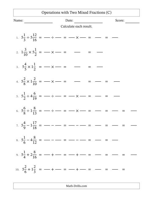 The Operations with Two Mixed Fractions with Similar Denominators, Mixed Fractions Results and Some Simplifying (Fillable) (C) Math Worksheet