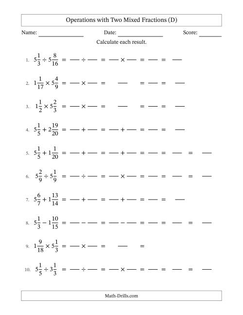 The Operations with Two Mixed Fractions with Similar Denominators, Mixed Fractions Results and Some Simplifying (Fillable) (D) Math Worksheet