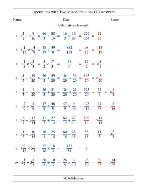 The Operations with Two Mixed Fractions with Similar Denominators, Mixed Fractions Results and Some Simplifying (Fillable) (D) Math Worksheet Page 2
