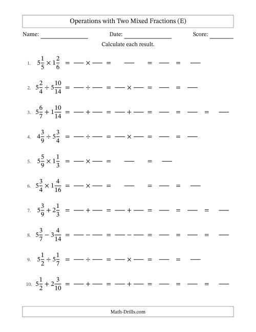 The Operations with Two Mixed Fractions with Similar Denominators, Mixed Fractions Results and Some Simplifying (Fillable) (E) Math Worksheet
