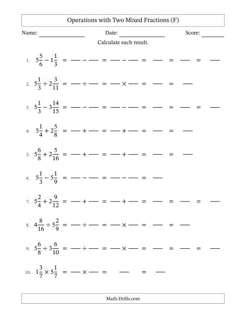 The Operations with Two Mixed Fractions with Similar Denominators, Mixed Fractions Results and Some Simplifying (Fillable) (F) Math Worksheet