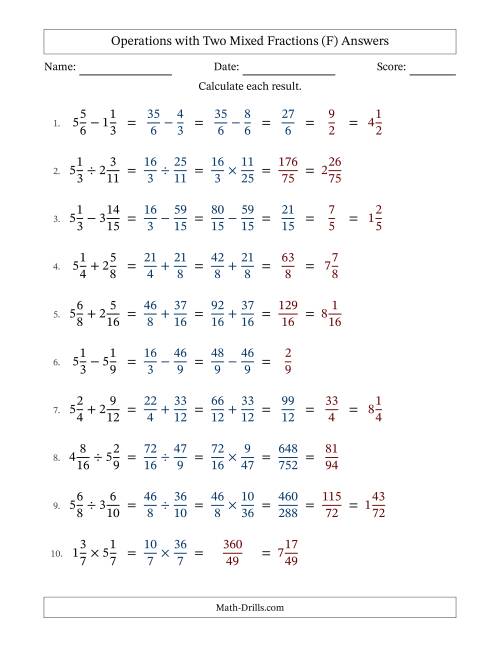 The Operations with Two Mixed Fractions with Similar Denominators, Mixed Fractions Results and Some Simplifying (Fillable) (F) Math Worksheet Page 2