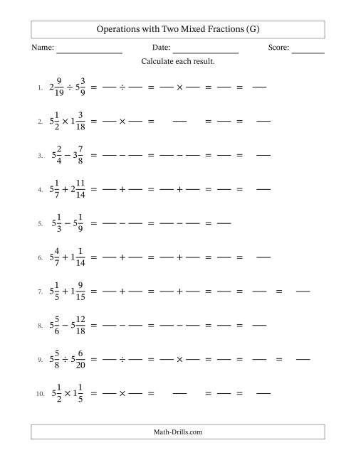 The Operations with Two Mixed Fractions with Similar Denominators, Mixed Fractions Results and Some Simplifying (Fillable) (G) Math Worksheet