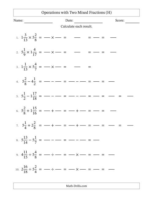 The Operations with Two Mixed Fractions with Similar Denominators, Mixed Fractions Results and Some Simplifying (Fillable) (H) Math Worksheet