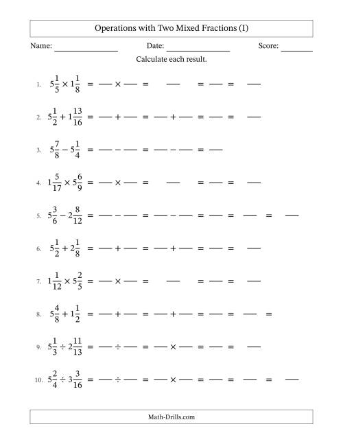 The Operations with Two Mixed Fractions with Similar Denominators, Mixed Fractions Results and Some Simplifying (Fillable) (I) Math Worksheet